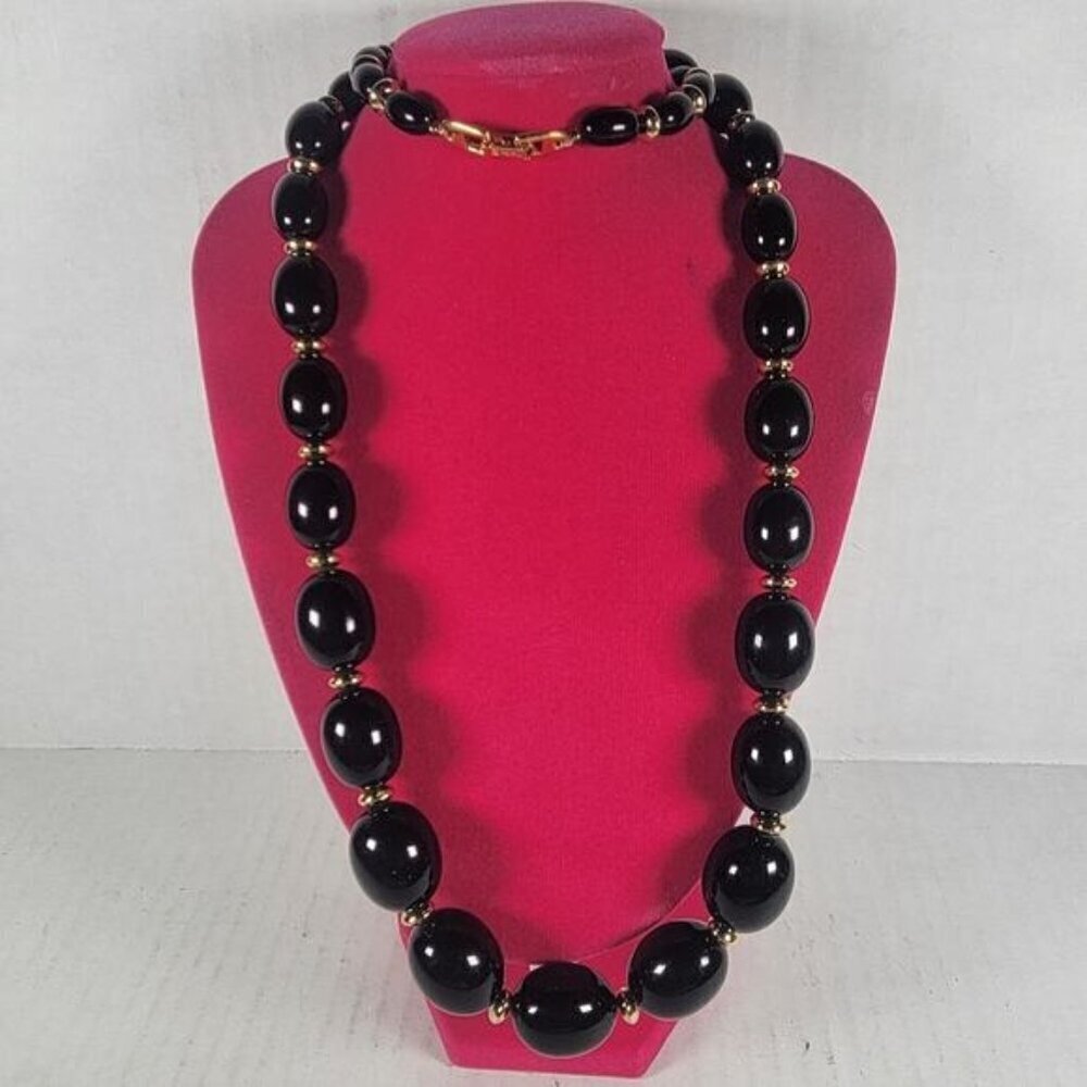 Vintage Napier Black & Gold Beaded Graduated 23" Classic Elegant Modest Necklace